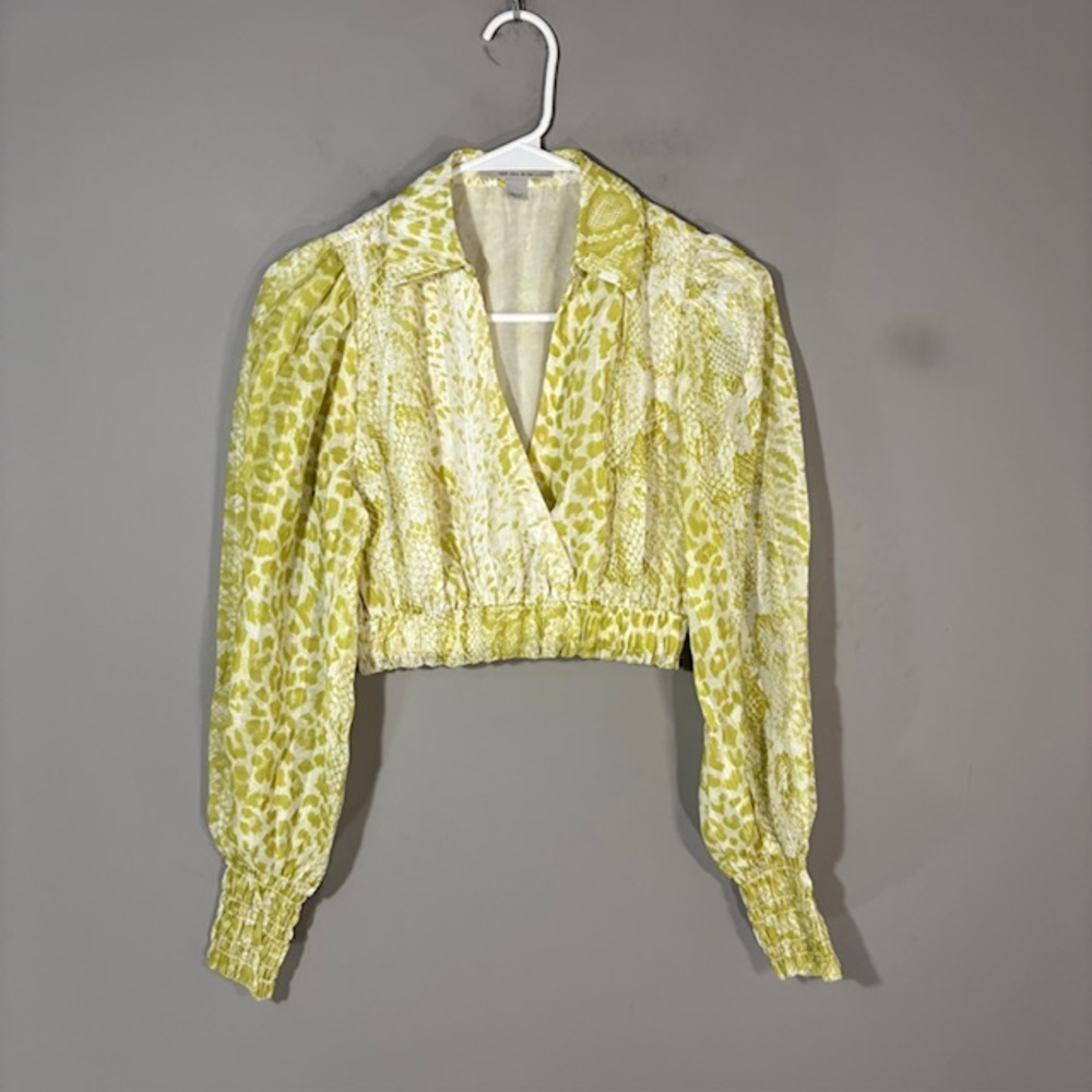 AllSaints Blouse Womens 2 Green Animal Print V Neck Puff Long Sleeve Cropped Top
